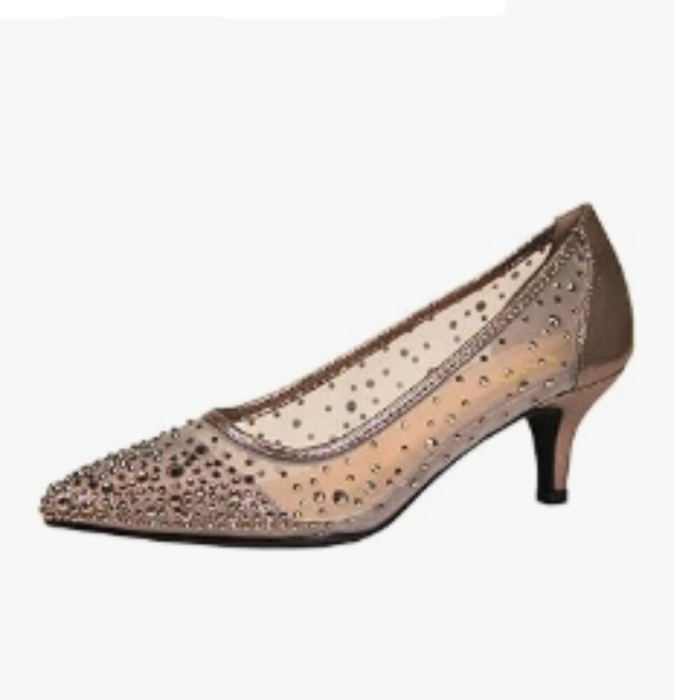 XYD Pewter Pointed Toe Slip On Mesh Pumps Rhinestone Studs Kitten Heels Shoes